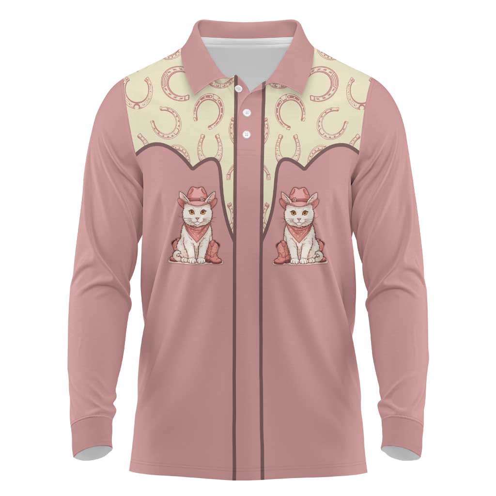 Cowcat Long Sleeve Polo Shirt Cowboy Cat Meowdy Retro Western Yoke Pink - Wonder Print Shop