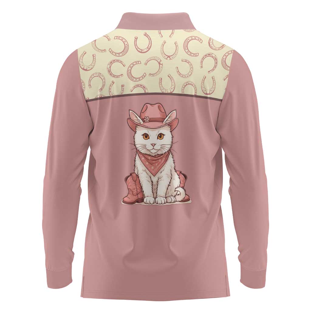 Cowcat Long Sleeve Polo Shirt Cowboy Cat Meowdy Retro Western Yoke Pink - Wonder Print Shop