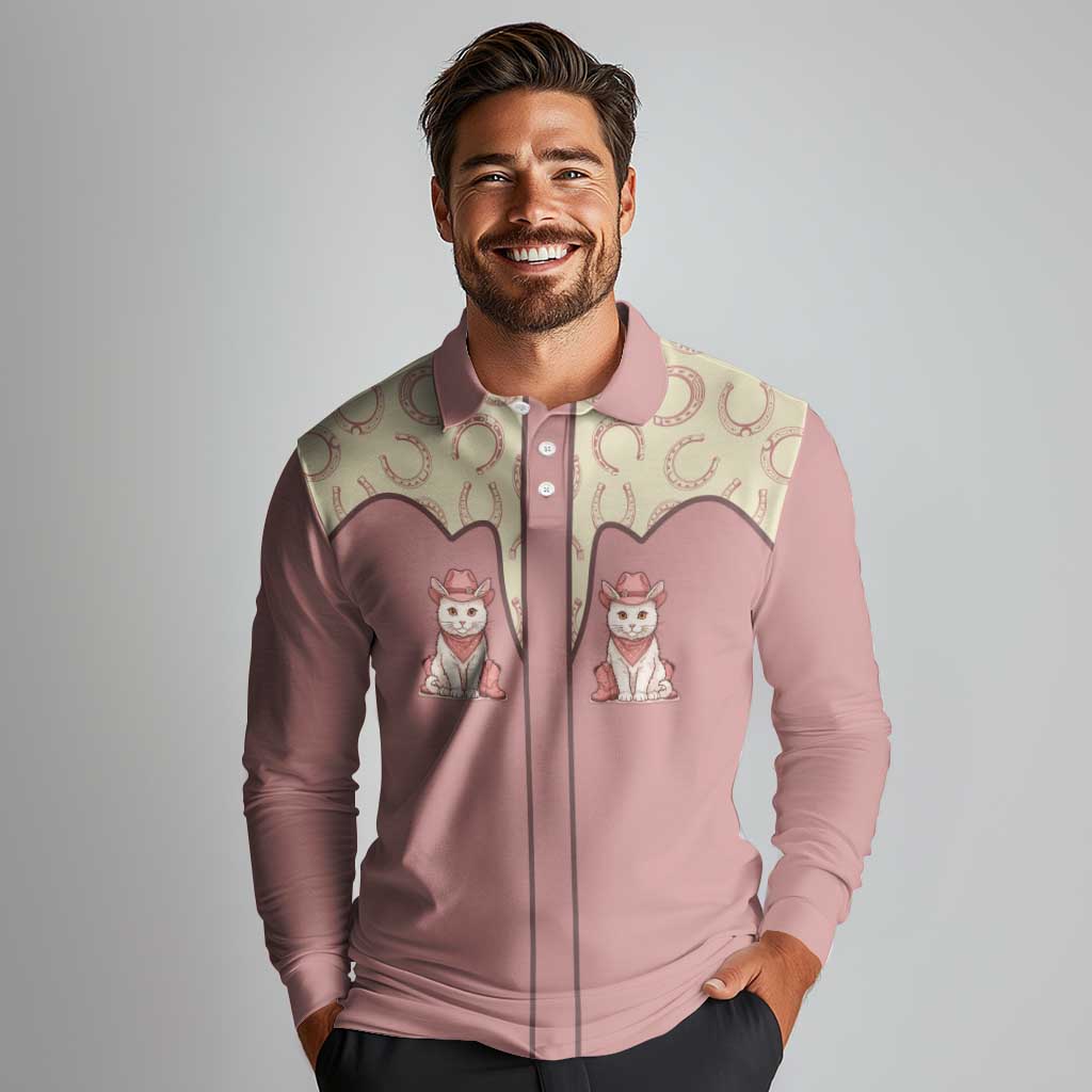 Cowcat Long Sleeve Polo Shirt Cowboy Cat Meowdy Retro Western Yoke Pink - Wonder Print Shop