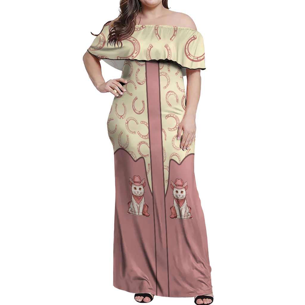 Cowcat Off Shoulder Maxi Dress Cowboy Cat Meowdy Retro Western Yoke Pink - Wonder Print Shop