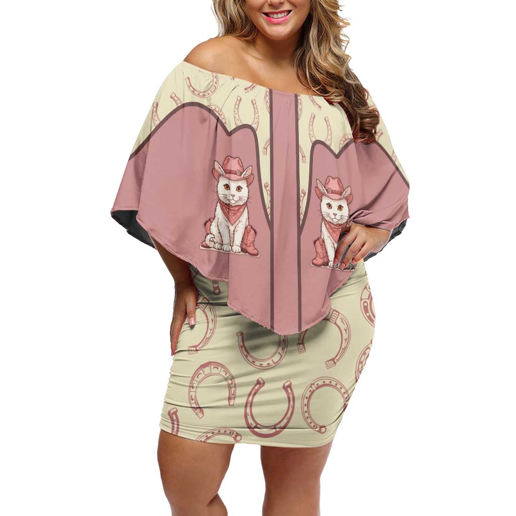 Cowcat Off Shoulder Short Dress Cowboy Cat Meowdy Retro Western Yoke Pink - Wonder Print Shop