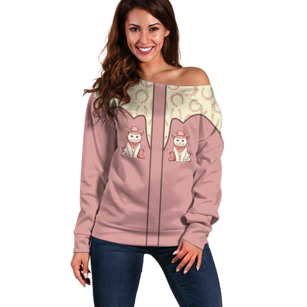 Cowcat Off Shoulder Sweater Cowboy Cat Meowdy Retro Western Yoke Pink - Wonder Print Shop