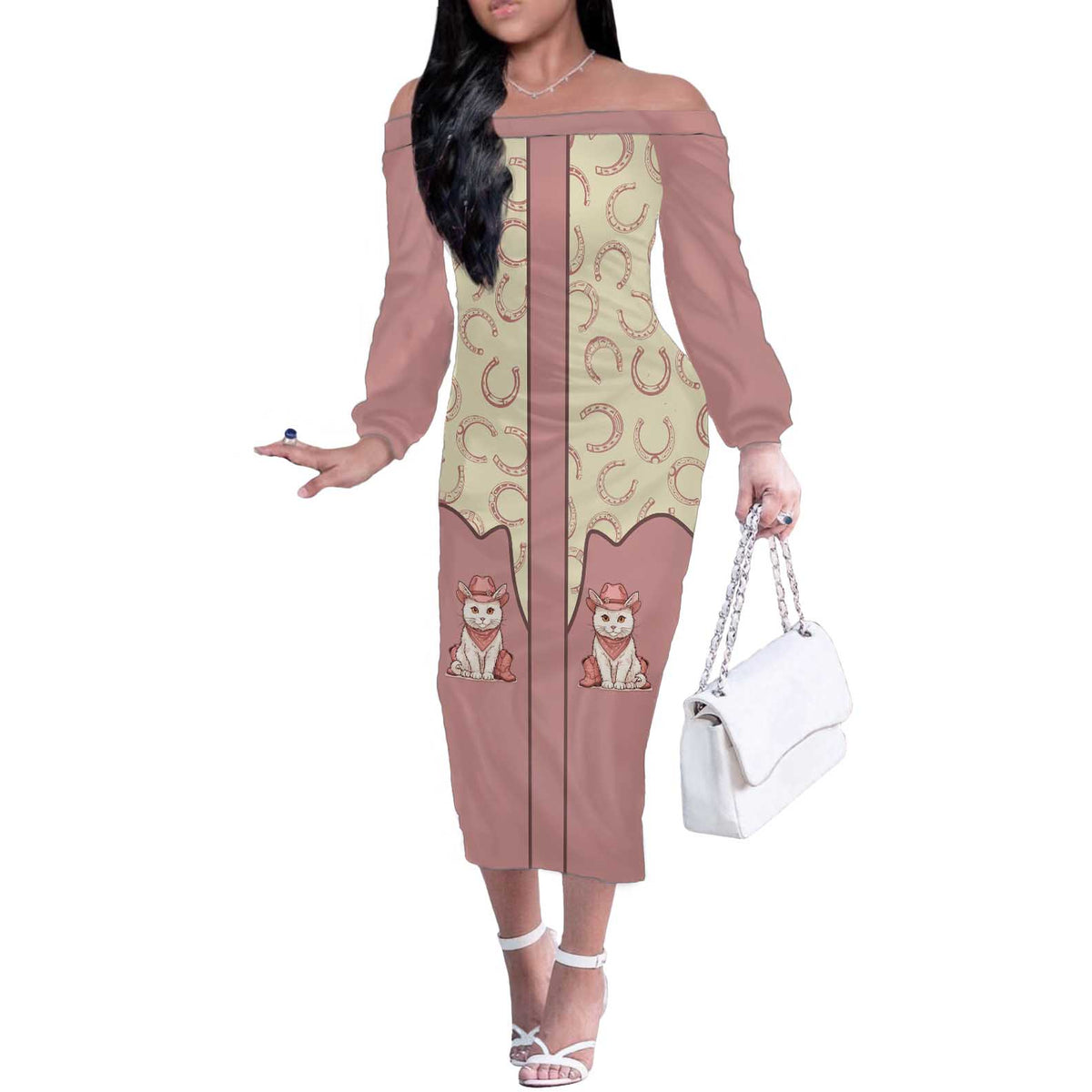 Cowcat Off The Shoulder Long Sleeve Dress Cowboy Cat Meowdy Retro Western Yoke Pink - Wonder Print Shop
