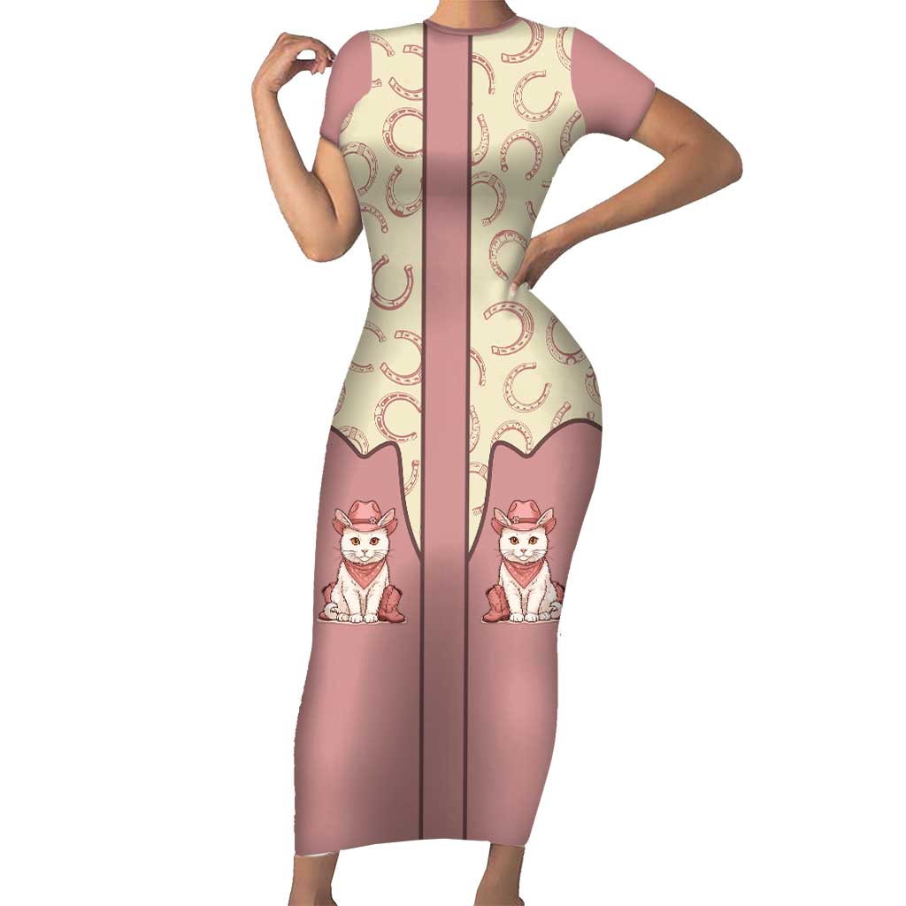 Cowcat Short Sleeve Bodycon Dress Cowboy Cat Meowdy Retro Western Yoke Pink - Wonder Print Shop
