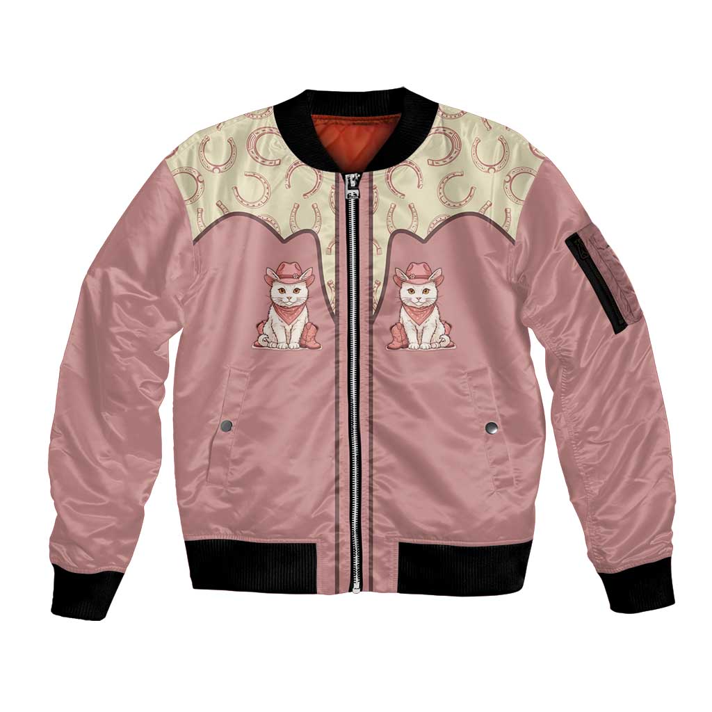 Cowcat Sleeve Zip Bomber Jacket Cowboy Cat Meowdy Retro Western Yoke Pink - Wonder Print Shop