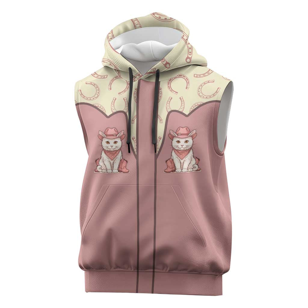 Cowcat Sleeveless Hoodie Cowboy Cat Meowdy Retro Western Yoke Pink - Wonder Print Shop