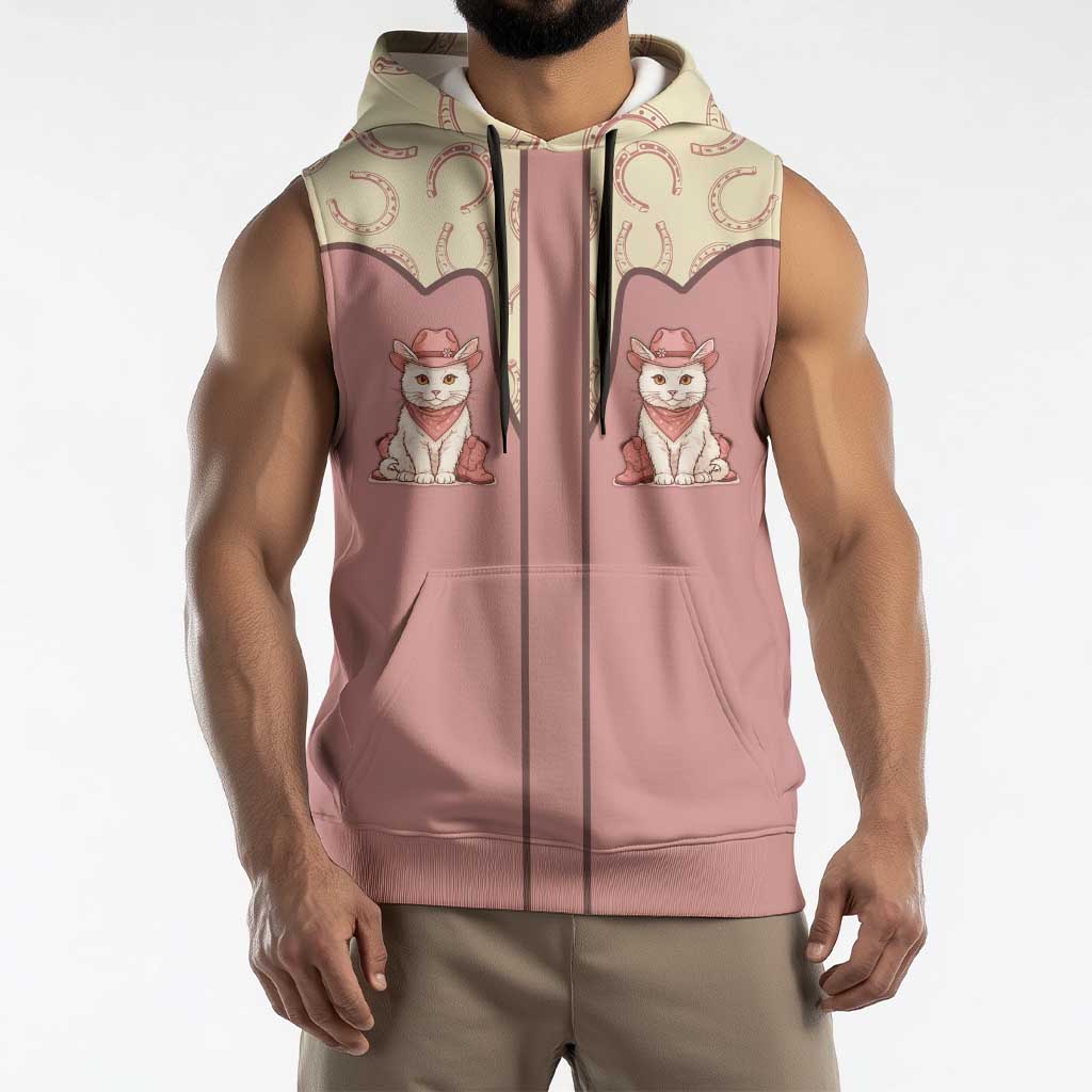 Cowcat Sleeveless Hoodie Cowboy Cat Meowdy Retro Western Yoke Pink - Wonder Print Shop