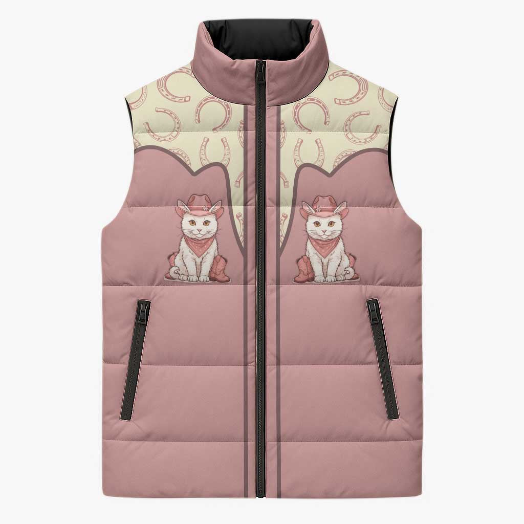 Cowcat Sleeveless Puffer Jacket Cowboy Cat Meowdy Retro Western Yoke Pink - Wonder Print Shop