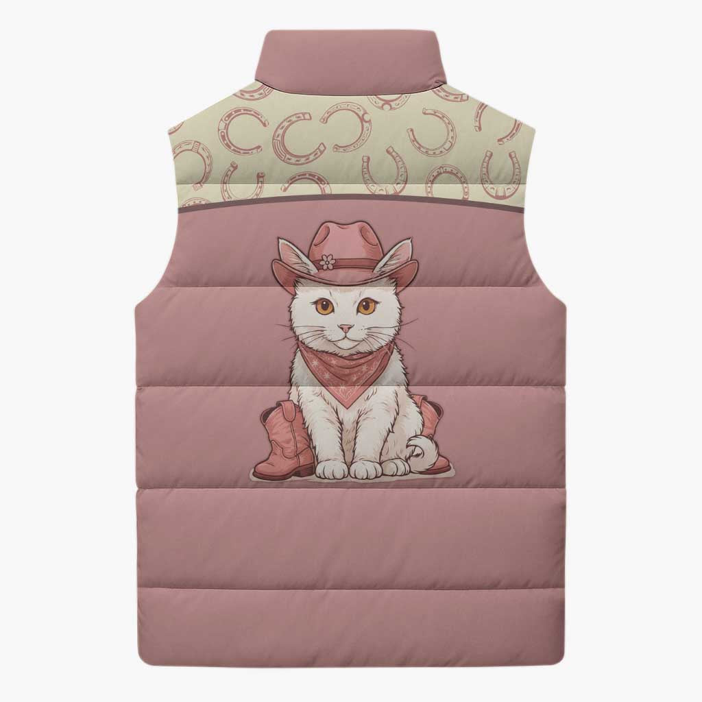 Cowcat Sleeveless Puffer Jacket Cowboy Cat Meowdy Retro Western Yoke Pink - Wonder Print Shop