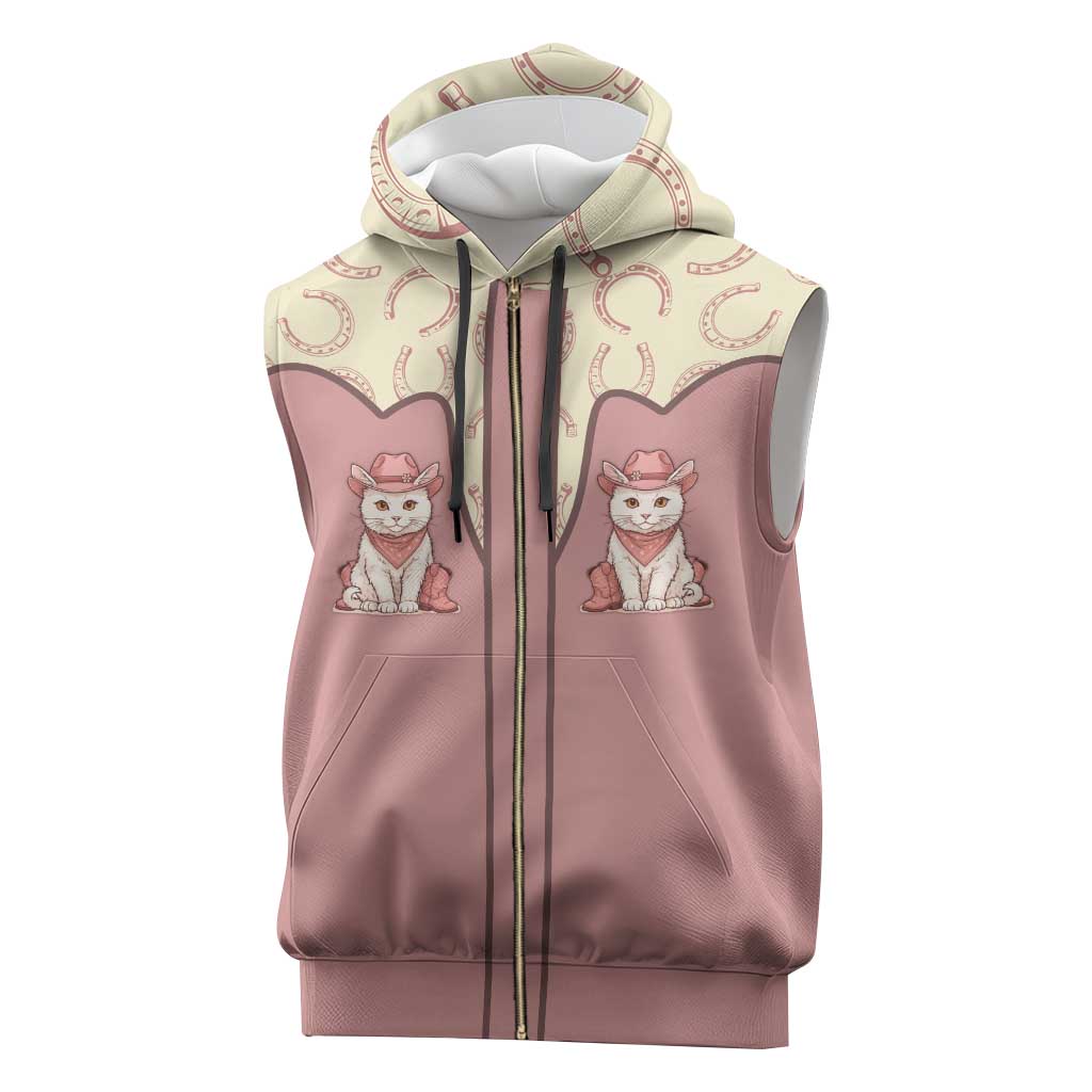 Cowcat Sleeveless Zip Hoodie Cowboy Cat Meowdy Retro Western Yoke Pink - Wonder Print Shop
