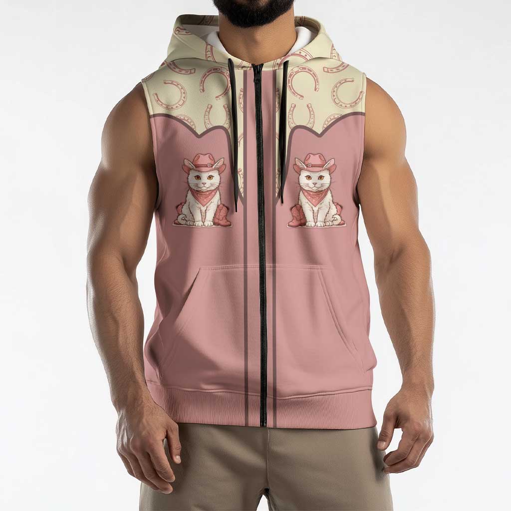 Cowcat Sleeveless Zip Hoodie Cowboy Cat Meowdy Retro Western Yoke Pink - Wonder Print Shop