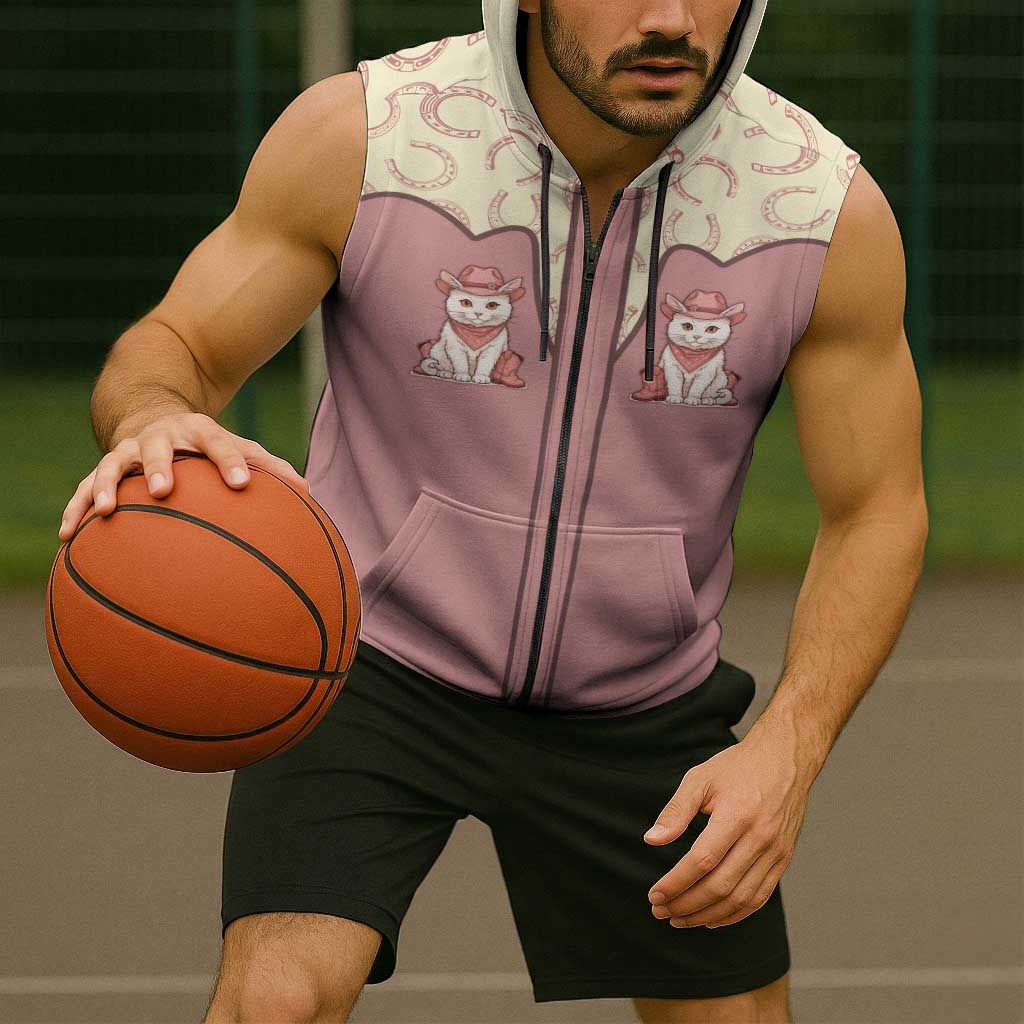 Cowcat Sleeveless Zip Hoodie Cowboy Cat Meowdy Retro Western Yoke Pink - Wonder Print Shop