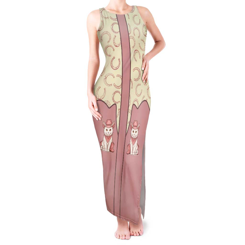 Cowcat Tank Maxi Dress Cowboy Cat Meowdy Retro Western Yoke Pink - Wonder Print Shop