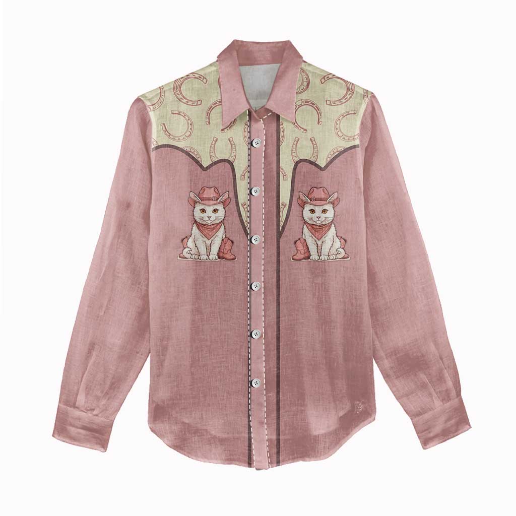 Cowcat Women Casual Shirt Cowboy Cat Meowdy Retro Western Yoke Pink - Wonder Print Shop