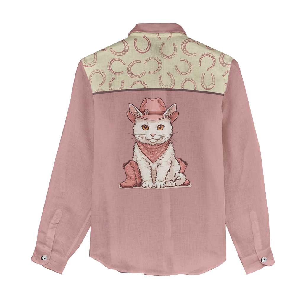 Cowcat Women Casual Shirt Cowboy Cat Meowdy Retro Western Yoke Pink - Wonder Print Shop