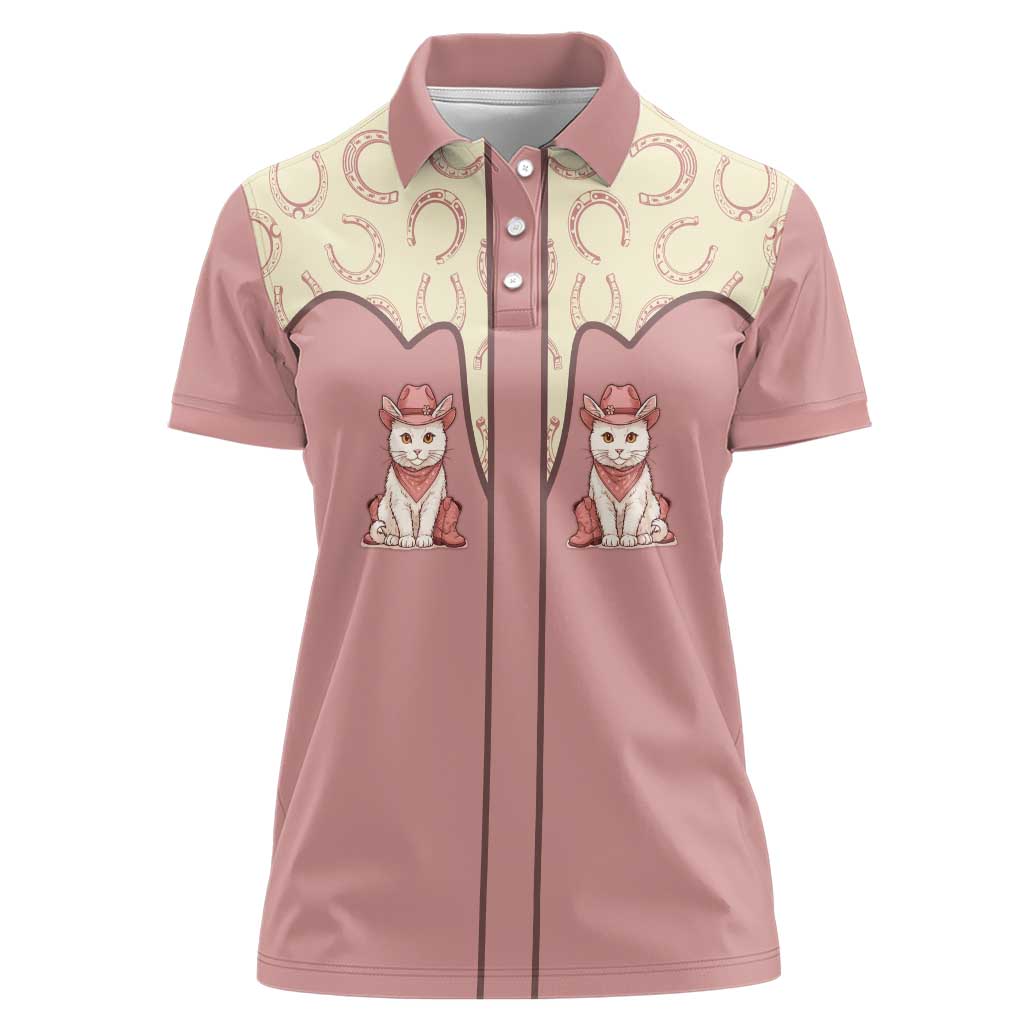 Cowcat Women Polo Shirt Cowboy Cat Meowdy Retro Western Yoke Pink - Wonder Print Shop