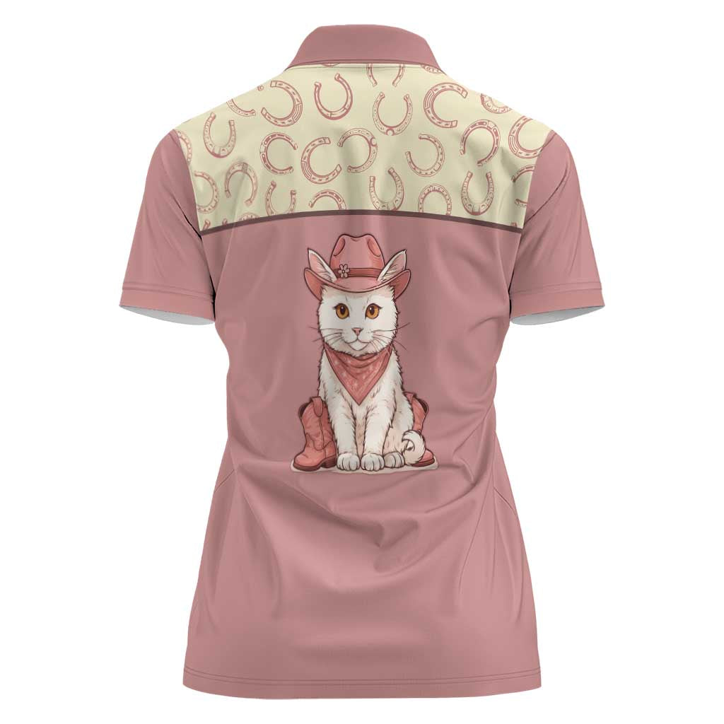 Cowcat Women Polo Shirt Cowboy Cat Meowdy Retro Western Yoke Pink - Wonder Print Shop