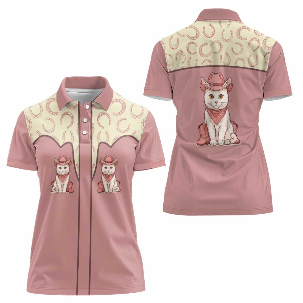 Cowcat Women Polo Shirt Cowboy Cat Meowdy Retro Western Yoke Pink - Wonder Print Shop