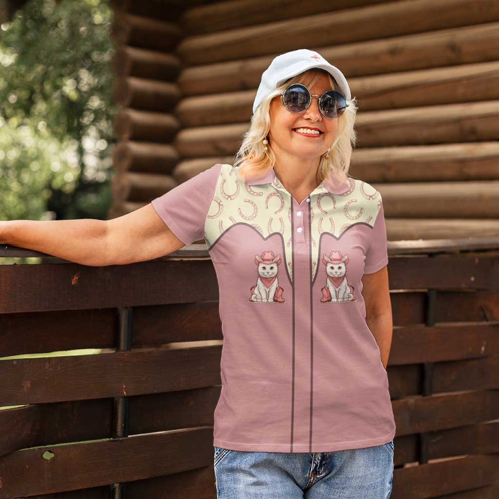 Cowcat Women Polo Shirt Cowboy Cat Meowdy Retro Western Yoke Pink - Wonder Print Shop