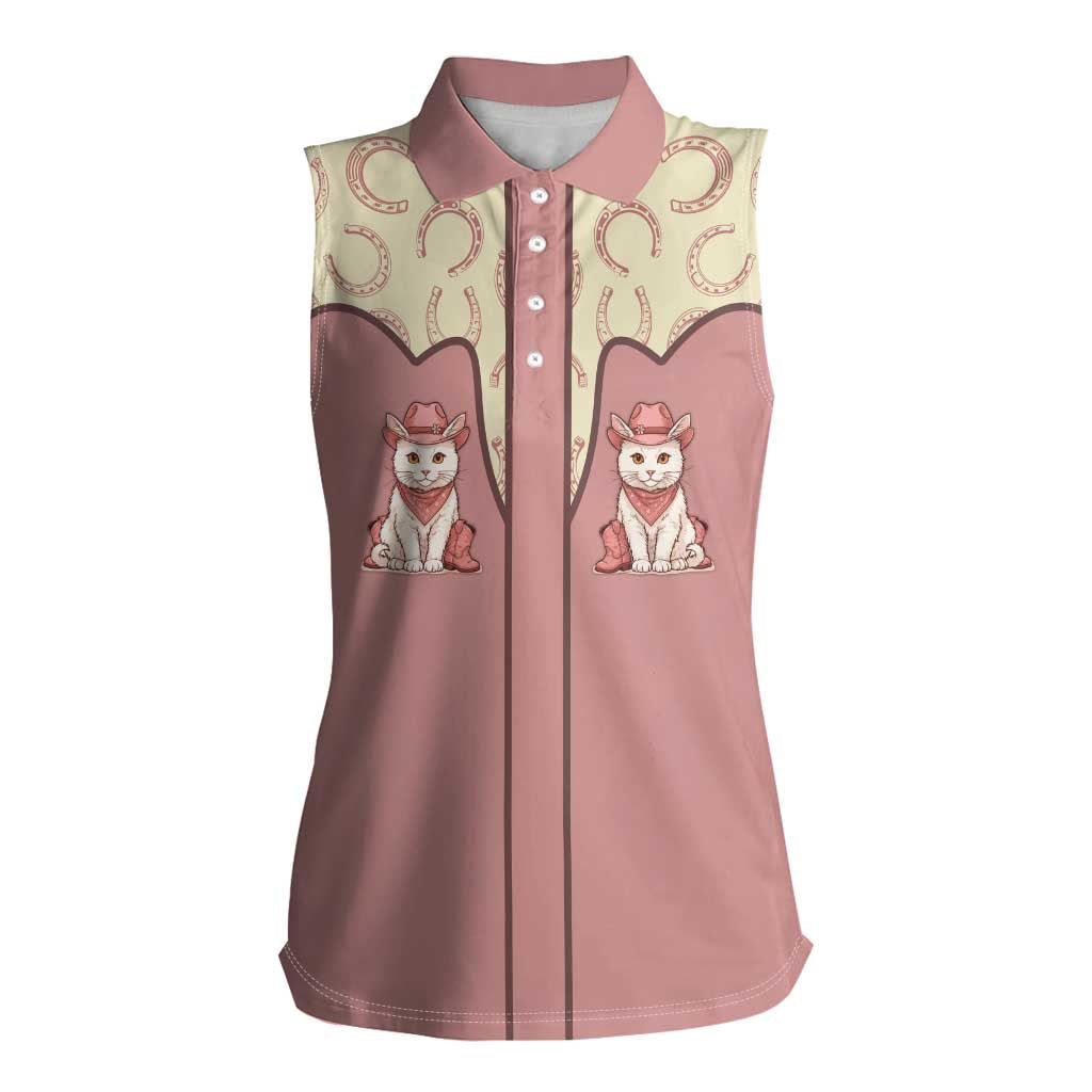 Cowcat Women Sleeveless Polo Shirt Cowboy Cat Meowdy Retro Western Yoke Pink - Wonder Print Shop