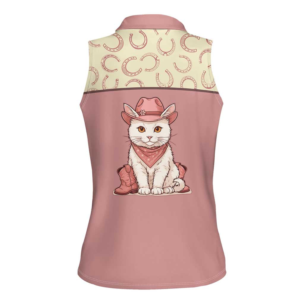 Cowcat Women Sleeveless Polo Shirt Cowboy Cat Meowdy Retro Western Yoke Pink - Wonder Print Shop