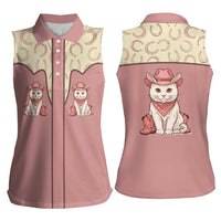 Cowcat Women Sleeveless Polo Shirt Cowboy Cat Meowdy Retro Western Yoke Pink - Wonder Print Shop