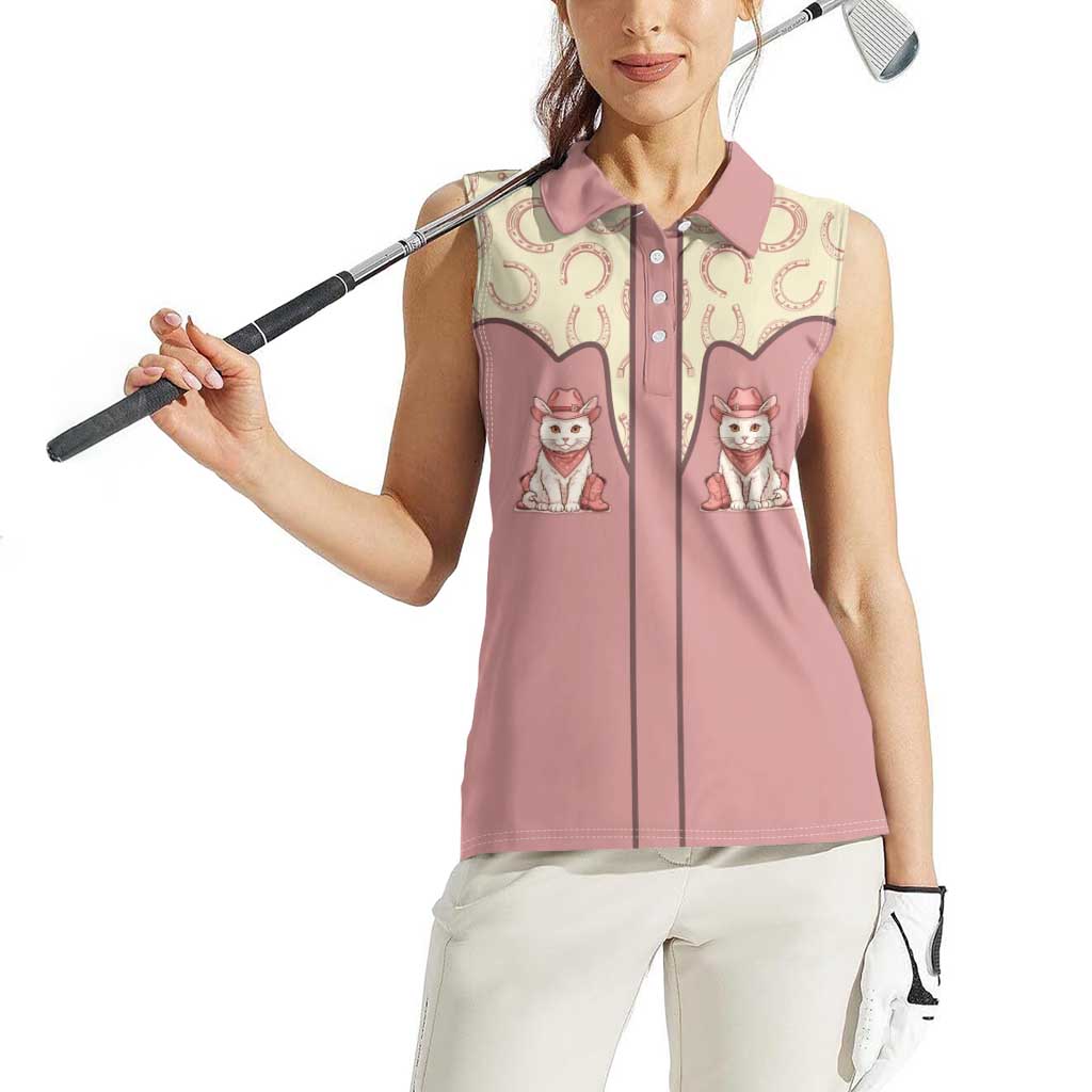 Cowcat Women Sleeveless Polo Shirt Cowboy Cat Meowdy Retro Western Yoke Pink - Wonder Print Shop