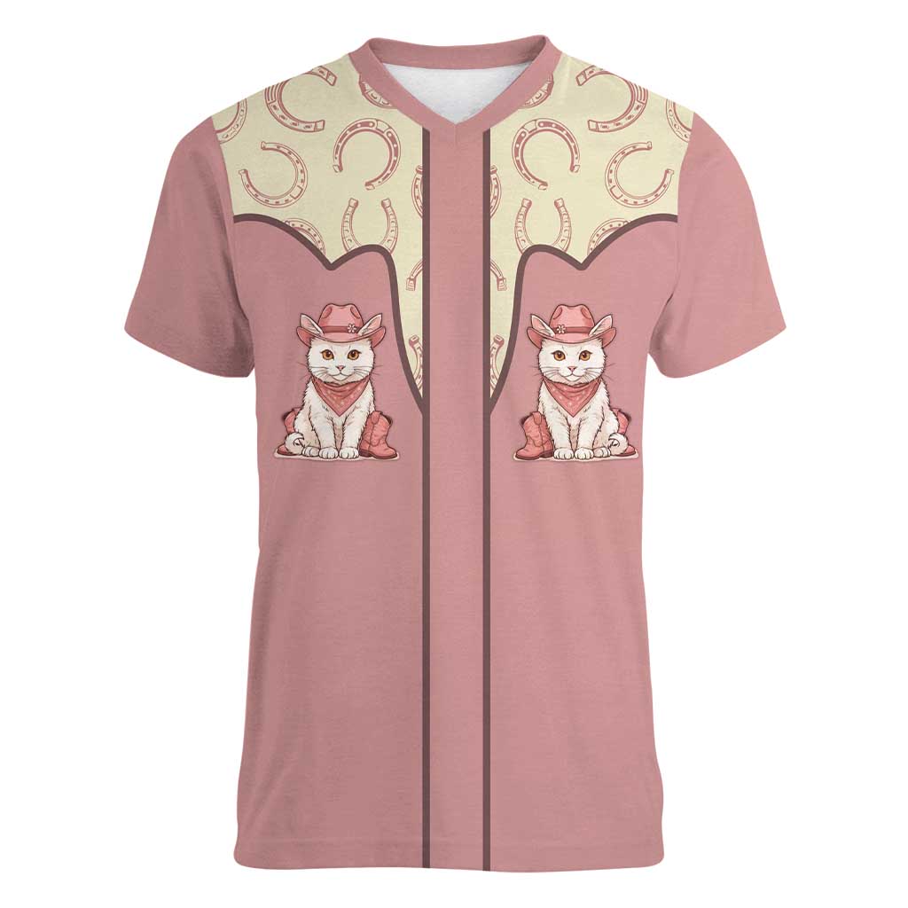 Cowcat Women V-Neck T-Shirt Cowboy Cat Meowdy Retro Western Yoke Pink - Wonder Print Shop