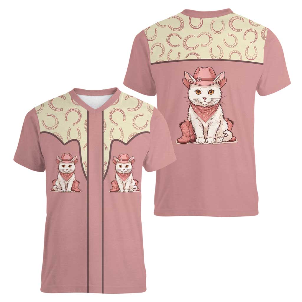 Cowcat Women V-Neck T-Shirt Cowboy Cat Meowdy Retro Western Yoke Pink - Wonder Print Shop