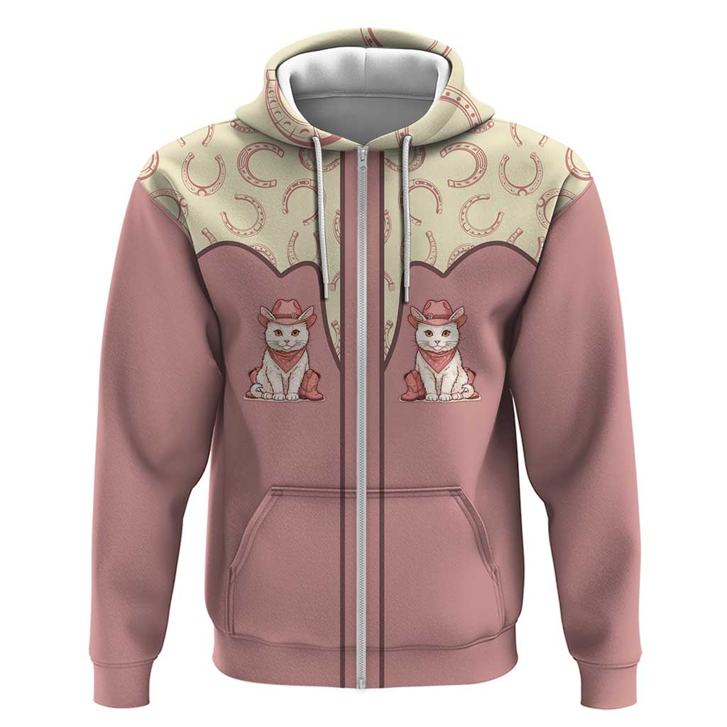Cowcat Zip Hoodie Cowboy Cat Meowdy Retro Western Yoke Pink - Wonder Print Shop