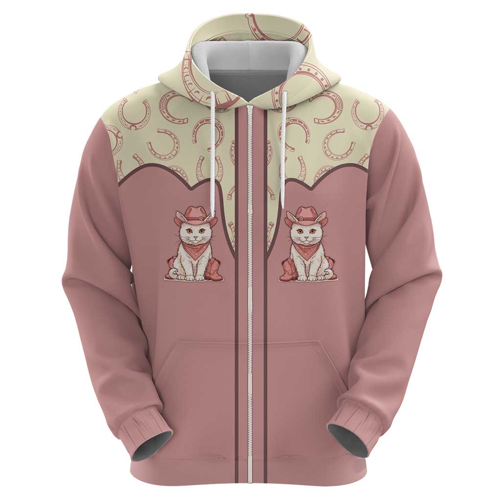 Cowcat Zip Hoodie Cowboy Cat Meowdy Retro Western Yoke Pink - Wonder Print Shop