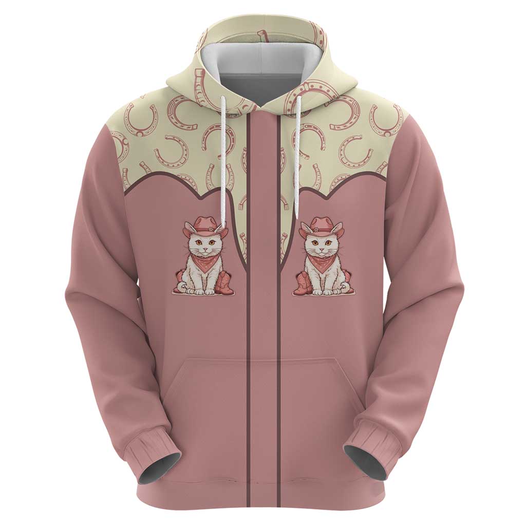 Cowcat Zip Hoodie Cowboy Cat Meowdy Retro Western Yoke Pink - Wonder Print Shop