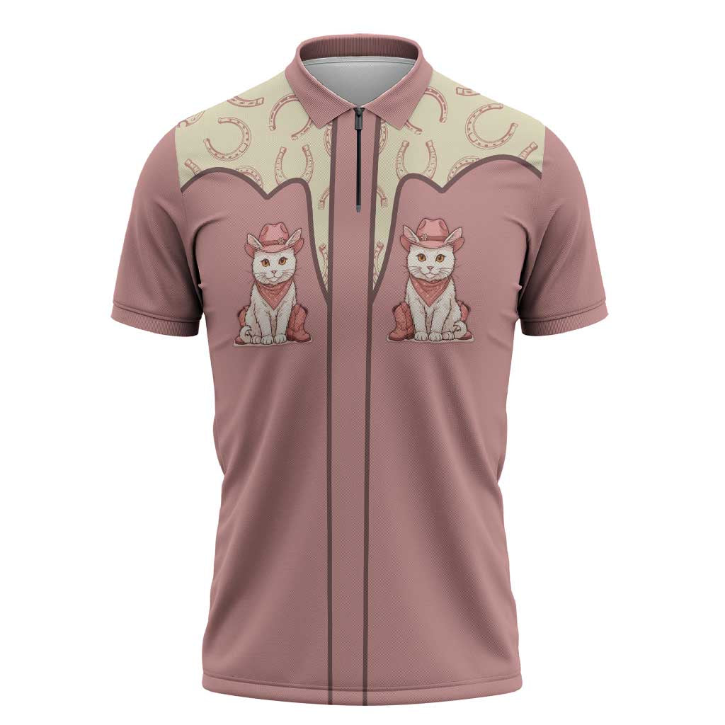Cowcat Zipper Polo Shirt Cowboy Cat Meowdy Retro Western Yoke Pink - Wonder Print Shop