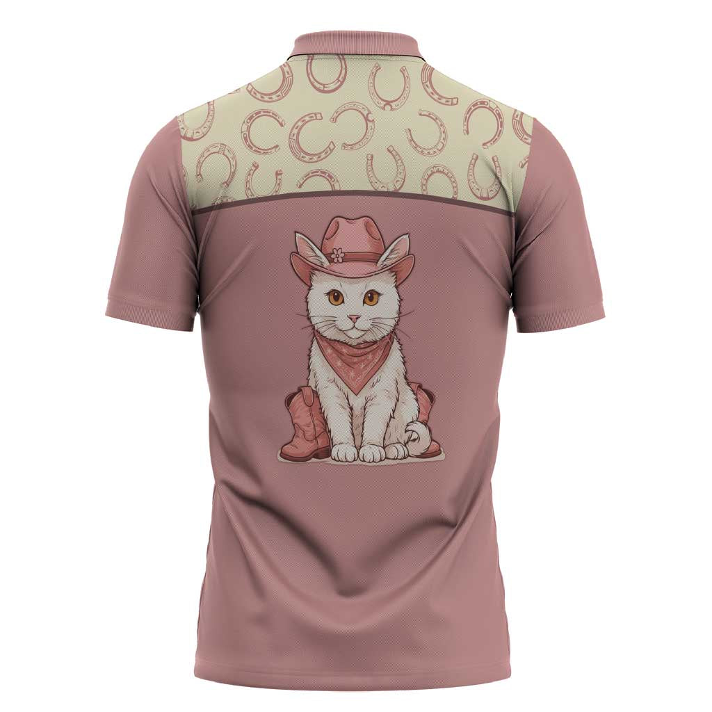 Cowcat Zipper Polo Shirt Cowboy Cat Meowdy Retro Western Yoke Pink - Wonder Print Shop