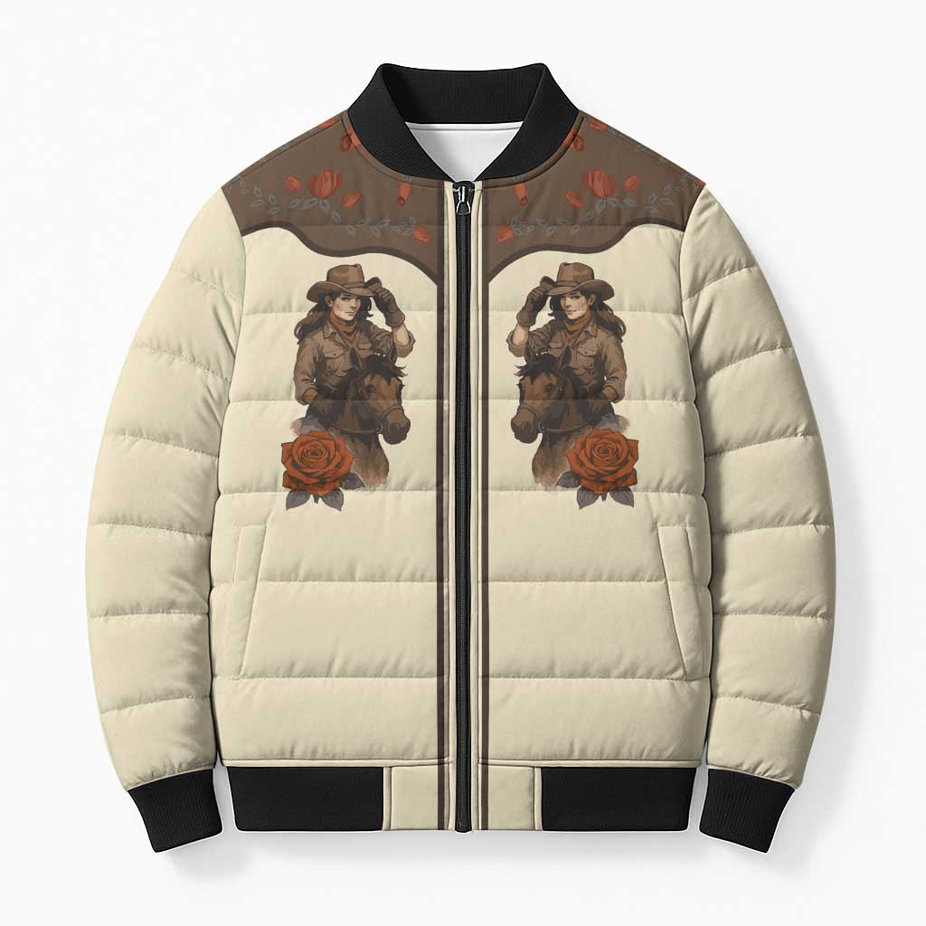 Cowgirl Bomber Puffer Jacket Rose Retro Western Yoke - Wonder Print Shop