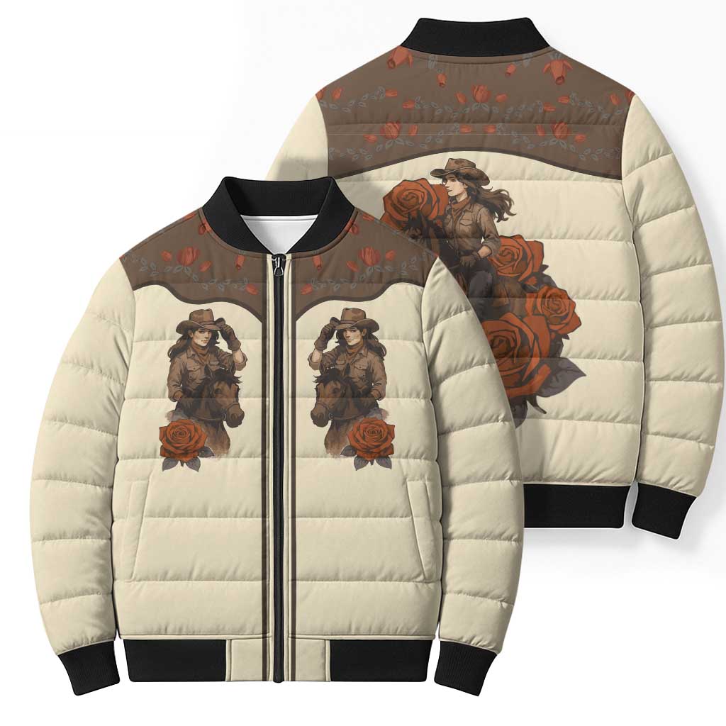 Cowgirl Bomber Puffer Jacket Rose Retro Western Yoke - Wonder Print Shop