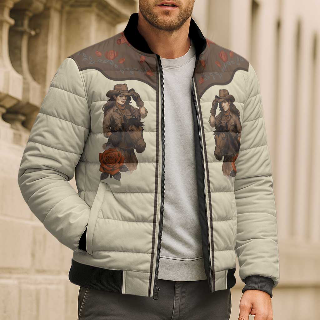 Cowgirl Bomber Puffer Jacket Rose Retro Western Yoke - Wonder Print Shop