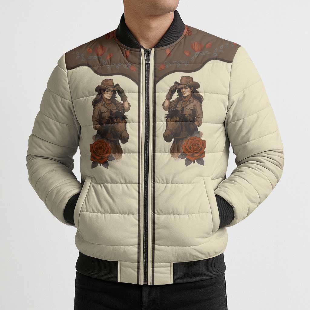 Cowgirl Bomber Puffer Jacket Rose Retro Western Yoke - Wonder Print Shop