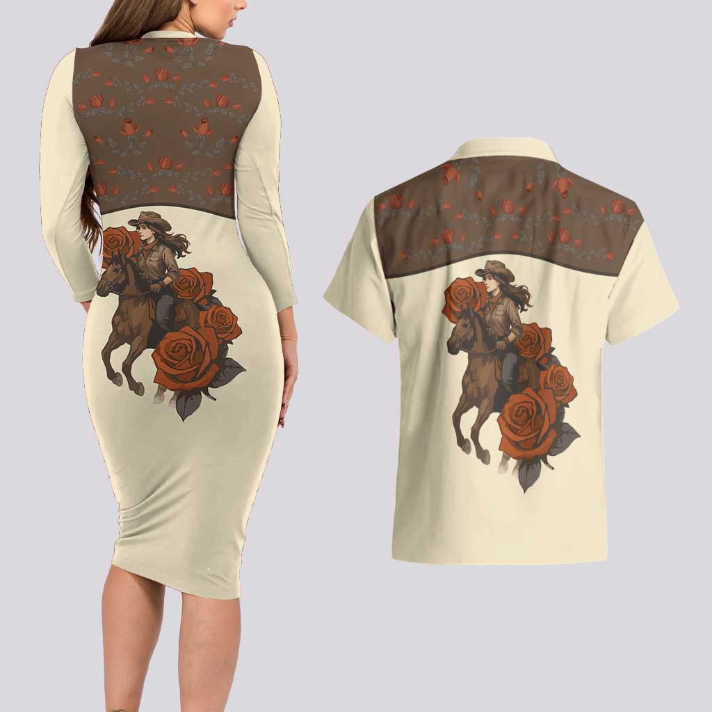 Cowgirl Couples Matching Long Sleeve Bodycon Dress and Hawaiian Shirt Rose Retro Western Yoke - Wonder Print Shop