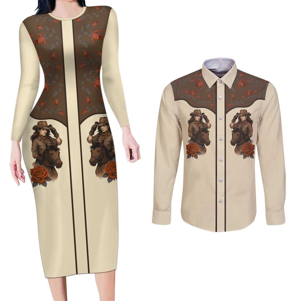 Cowgirl Couples Matching Long Sleeve Bodycon Dress and Long Sleeve Button Shirt Rose Retro Western Yoke - Wonder Print Shop