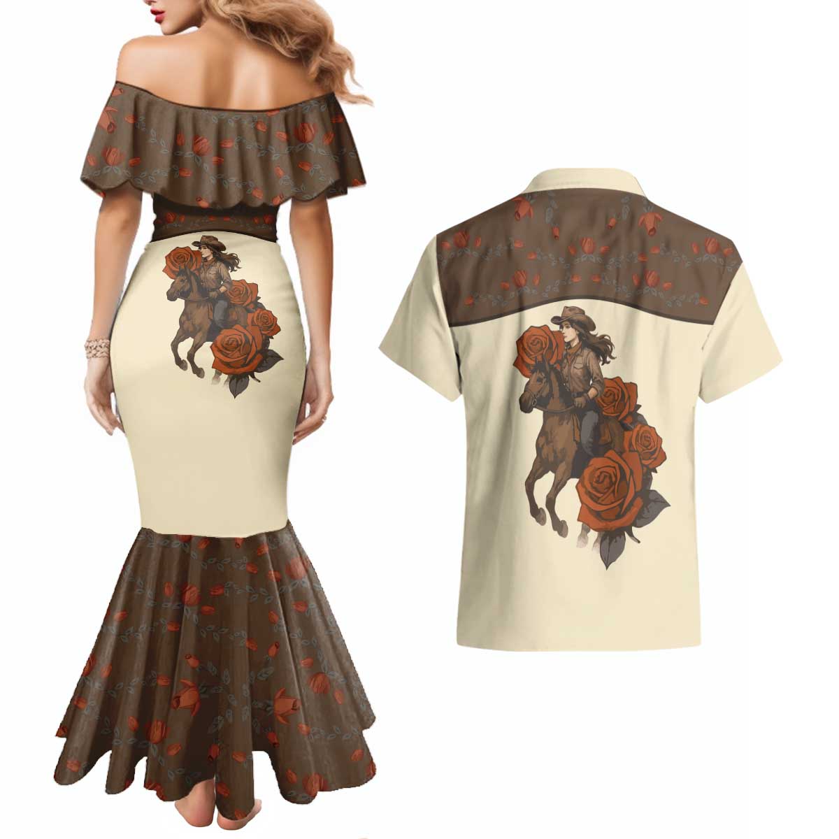 Cowgirl Couples Matching Mermaid Dress and Hawaiian Shirt Rose Retro Western Yoke - Wonder Print Shop
