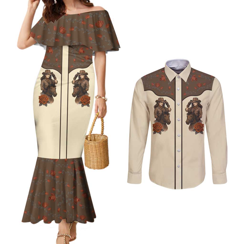 Cowgirl Couples Matching Mermaid Dress and Long Sleeve Button Shirt Rose Retro Western Yoke - Wonder Print Shop