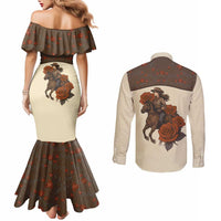 Cowgirl Couples Matching Mermaid Dress and Long Sleeve Button Shirt Rose Retro Western Yoke - Wonder Print Shop