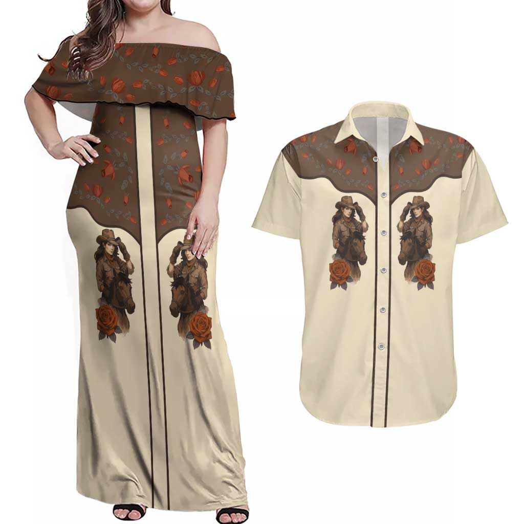 Cowgirl Couples Matching Off Shoulder Maxi Dress and Hawaiian Shirt Rose Retro Western Yoke - Wonder Print Shop