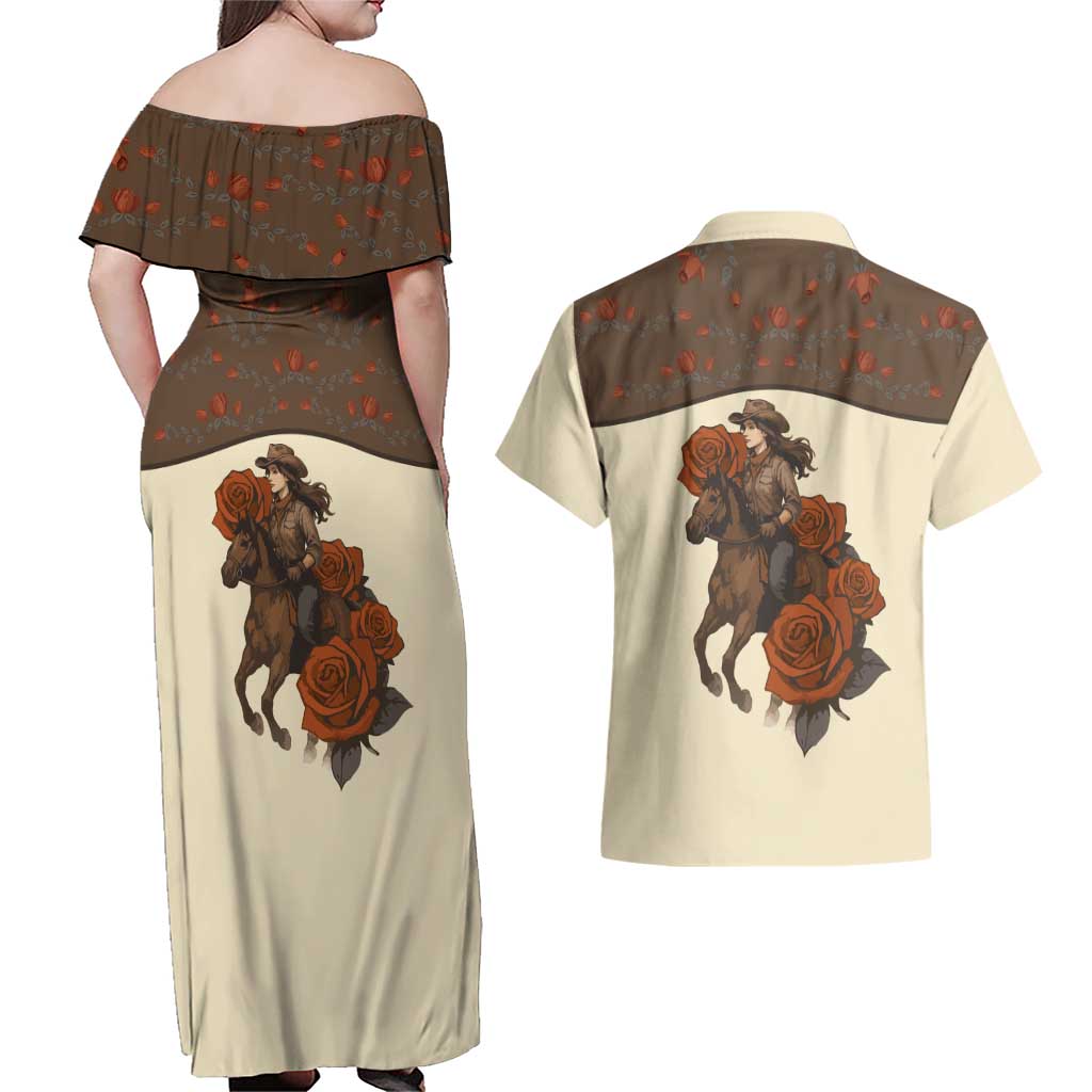 Cowgirl Couples Matching Off Shoulder Maxi Dress and Hawaiian Shirt Rose Retro Western Yoke - Wonder Print Shop