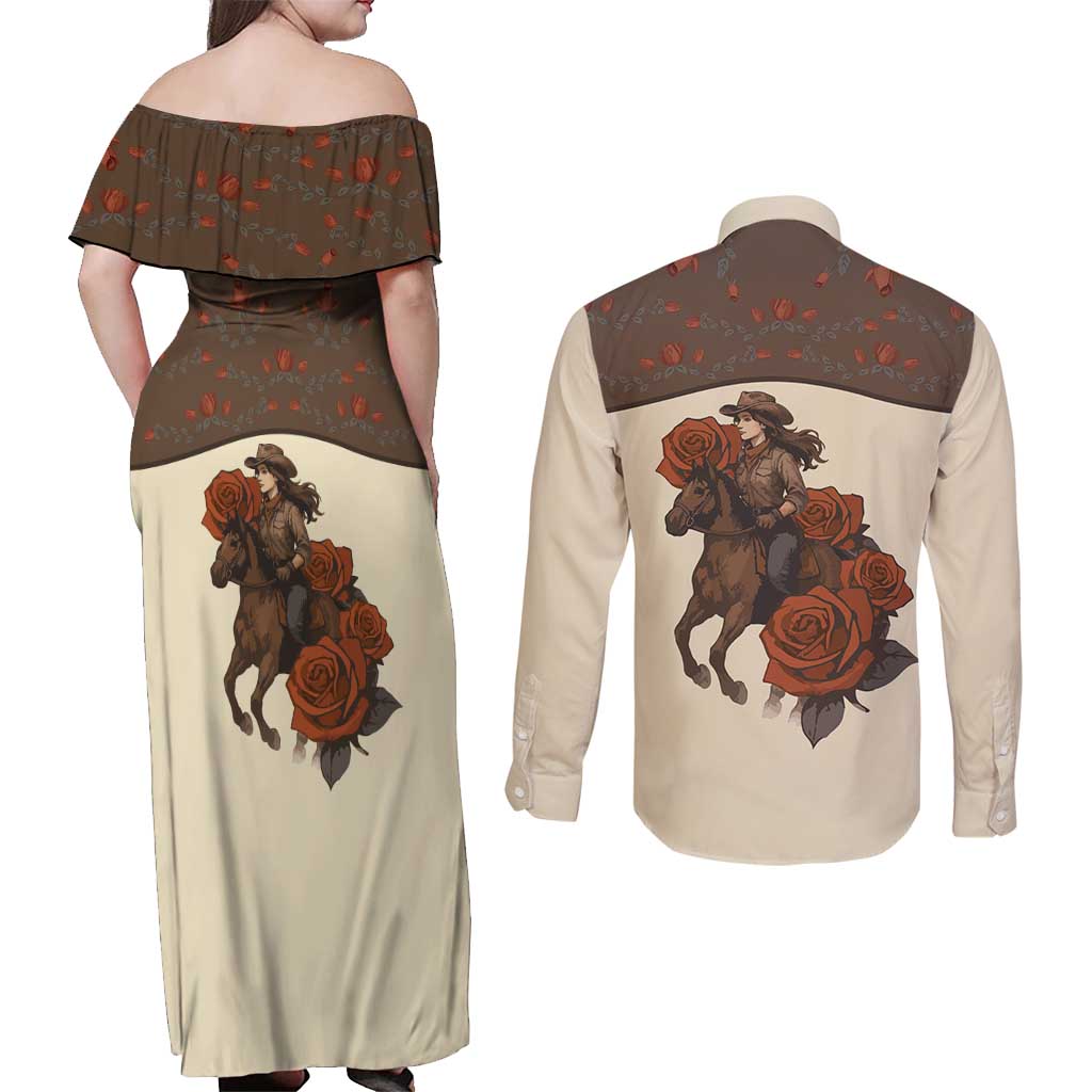 Cowgirl Couples Matching Off Shoulder Maxi Dress and Long Sleeve Button Shirt Rose Retro Western Yoke - Wonder Print Shop