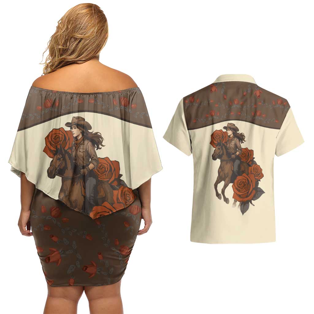 Cowgirl Couples Matching Off Shoulder Short Dress and Hawaiian Shirt Rose Retro Western Yoke - Wonder Print Shop