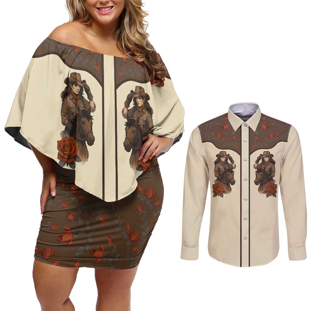 Cowgirl Couples Matching Off Shoulder Short Dress and Long Sleeve Button Shirt Rose Retro Western Yoke - Wonder Print Shop