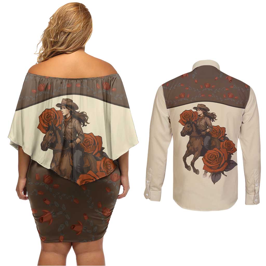 Cowgirl Couples Matching Off Shoulder Short Dress and Long Sleeve Button Shirt Rose Retro Western Yoke - Wonder Print Shop