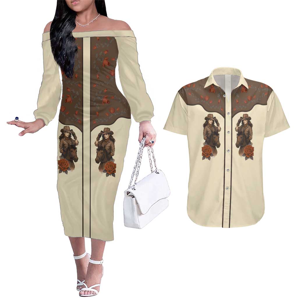 Cowgirl Couples Matching Off The Shoulder Long Sleeve Dress and Hawaiian Shirt Rose Retro Western Yoke - Wonder Print Shop